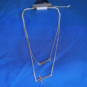 Two-Layer Round Sideways Cross Dainty Necklace Silver tone 18" Minimalist